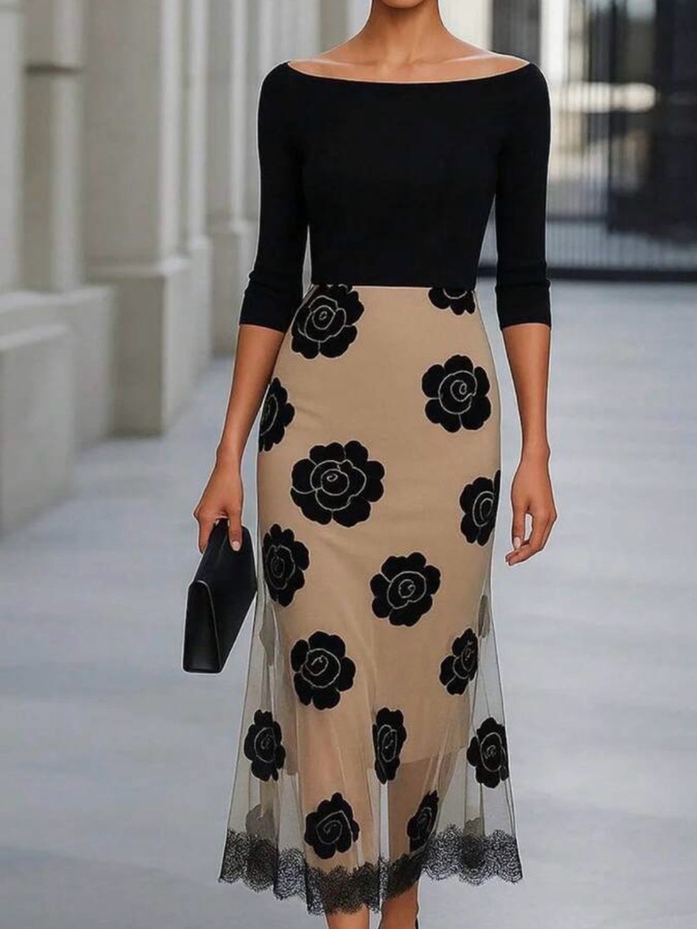 Black & Beige Floral Mesh Midi Skirt dress